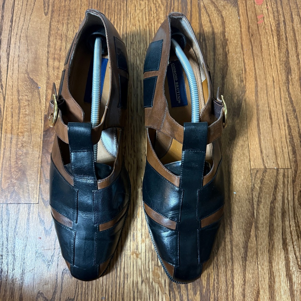 Giorgio Brutini Mens 13 M‎ Vtg Black Brown Leather T-Strap Dress Shoes 152711-2